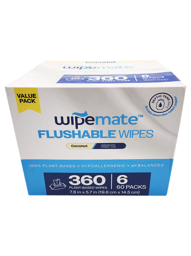 Wipemate Ultra Flushable Butt Wipes - Soothing Vitamin E & Aloe - Coconut Scent - 6 Premium Flip Top Packs - 60 Wipes Per Pack - 360count