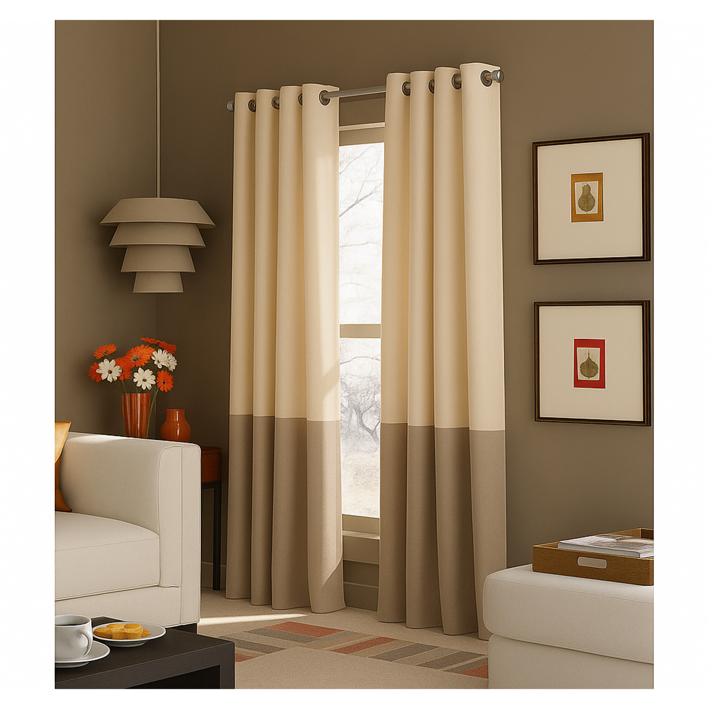Curtainworks Beige and Brown Color Block Curtain - Room Darkening - Metal Grommets - 42W x 84L