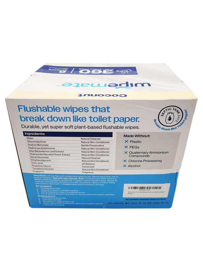 Wipemate Ultra Flushable Butt Wipes - Soothing Vitamin E & Aloe - Coconut Scent - 6 Premium Flip Top Packs - 60 Wipes Per Pack - 360count
