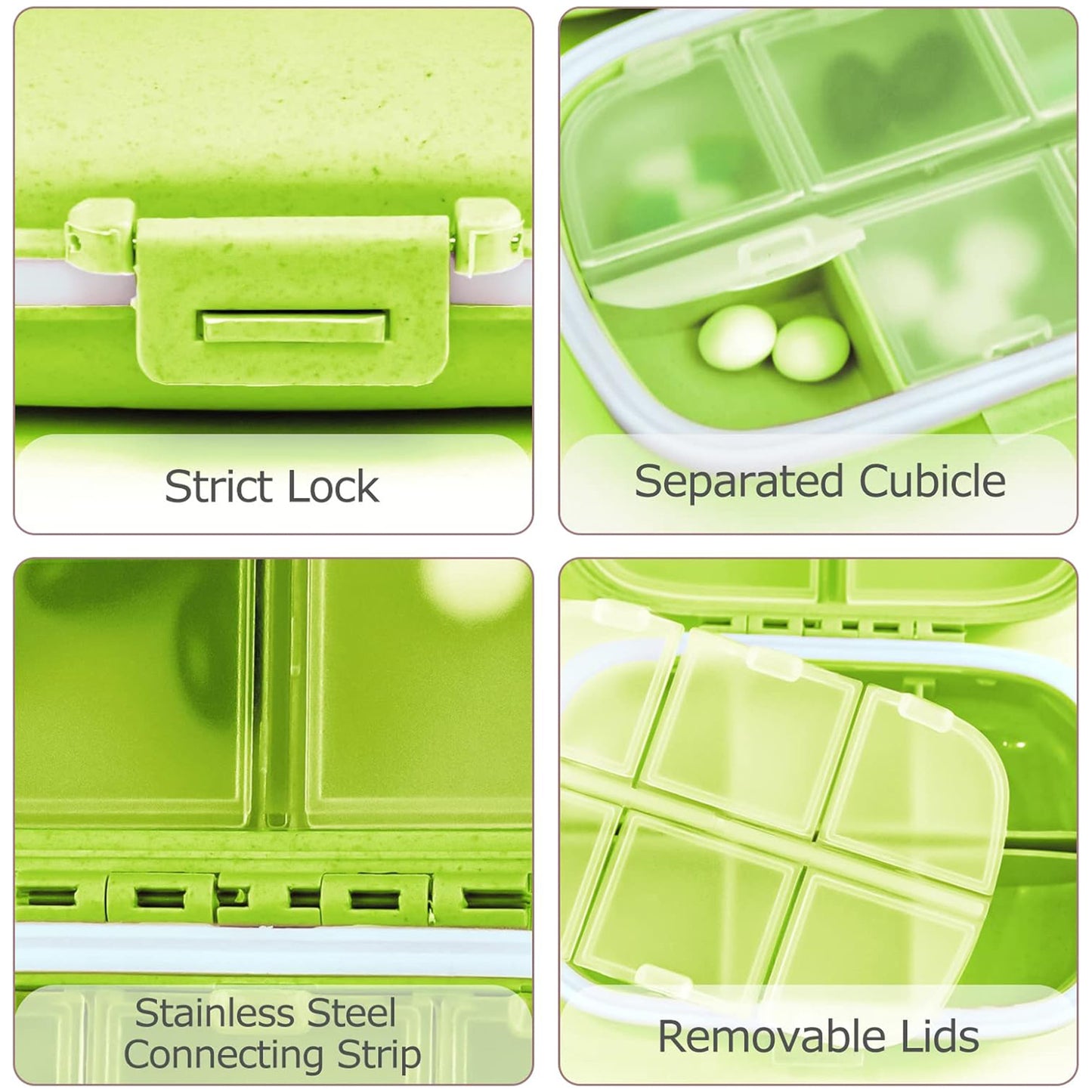 3Pack Fouews Travel Pill Organizer, 8 Compartments Portable Pill Case, Small Pill Box for Pocket Purse Portable Medicine Vitamin Container, Green