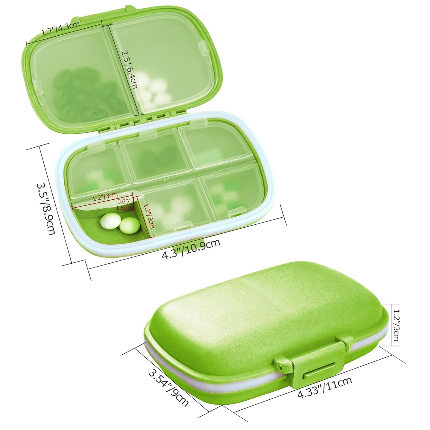 3Pack Fouews Travel Pill Organizer, 8 Compartments Portable Pill Case, Small Pill Box for Pocket Purse Portable Medicine Vitamin Container, Green