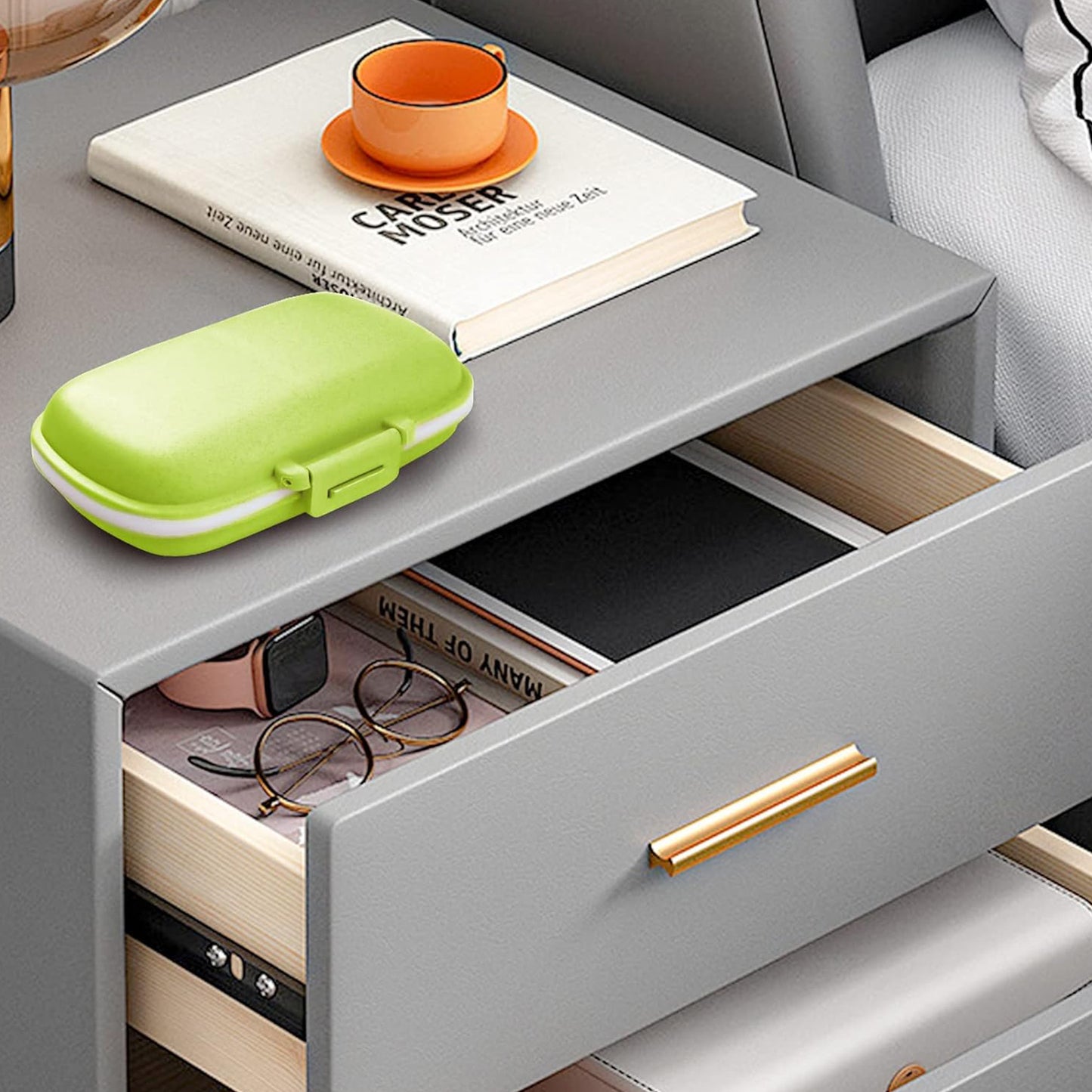 3Pack Fouews Travel Pill Organizer, 8 Compartments Portable Pill Case, Small Pill Box for Pocket Purse Portable Medicine Vitamin Container, Green