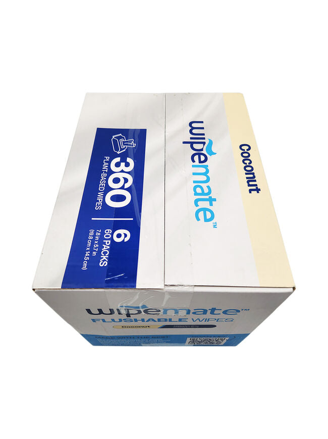 Wipemate Ultra Flushable Butt Wipes - Soothing Vitamin E & Aloe - Coconut Scent - 6 Premium Flip Top Packs - 60 Wipes Per Pack - 360count