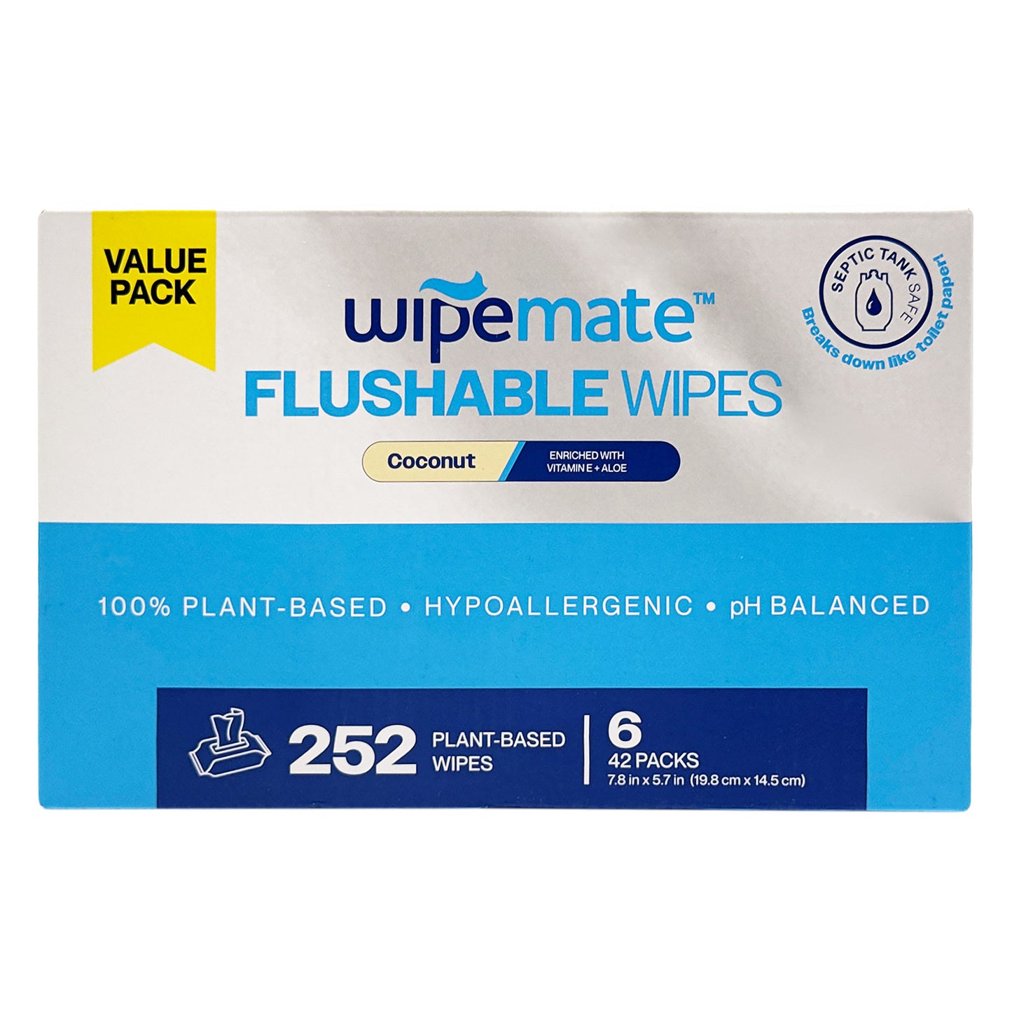 Wipemate Ultra Flushable Butt Wipes - Soothing Vitamin E & Aloe - Coconut Scent - 6 Premium Flip Top Packs - 42 Wipes Per Pack - 252 count