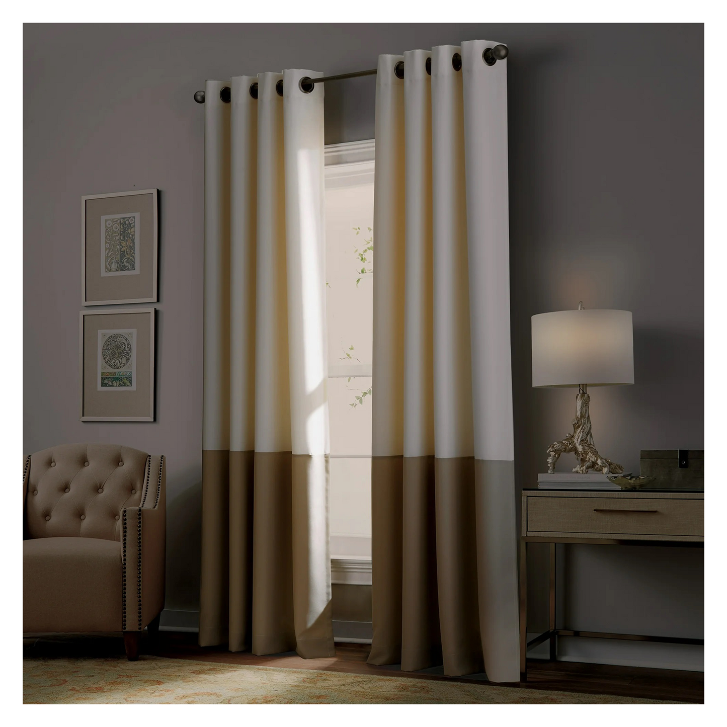 Curtainworks Beige and Brown Color Block Curtain - Room Darkening - Metal Grommets - 42W x 84L