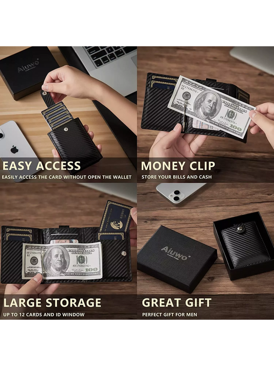 AIUWO Men's Trifold Wallet - Black Carbon Leather with AirTag Holder