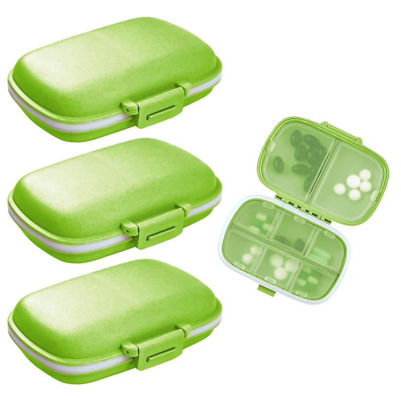 3Pack Fouews Travel Pill Organizer, 8 Compartments Portable Pill Case, Small Pill Box for Pocket Purse Portable Medicine Vitamin Container, Green
