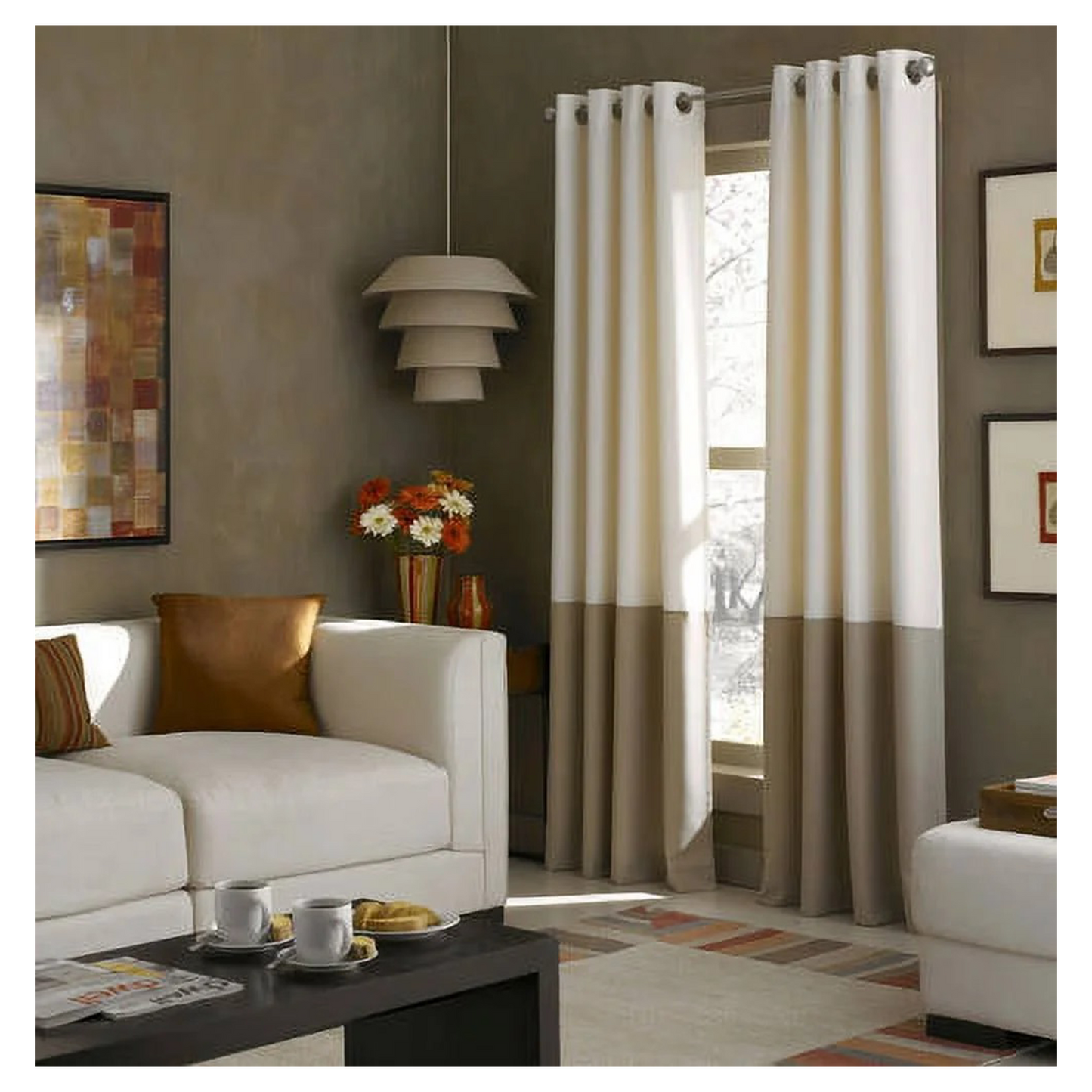 Curtainworks Beige and Brown Color Block Curtain - Room Darkening - Metal Grommets - 42W x 84L