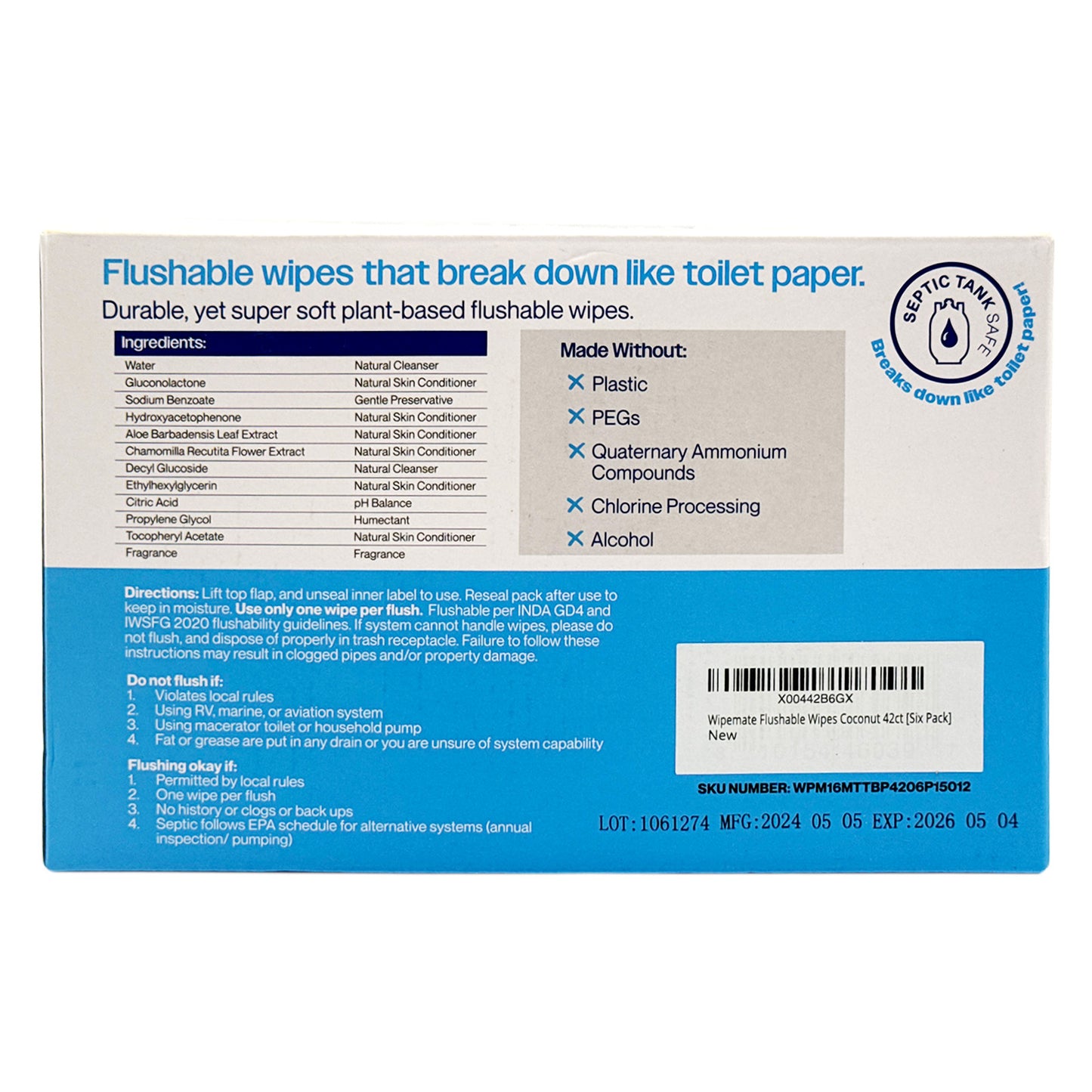 Wipemate Ultra Flushable Butt Wipes - Soothing Vitamin E & Aloe - Coconut Scent - 6 Premium Flip Top Packs - 42 Wipes Per Pack - 252 count