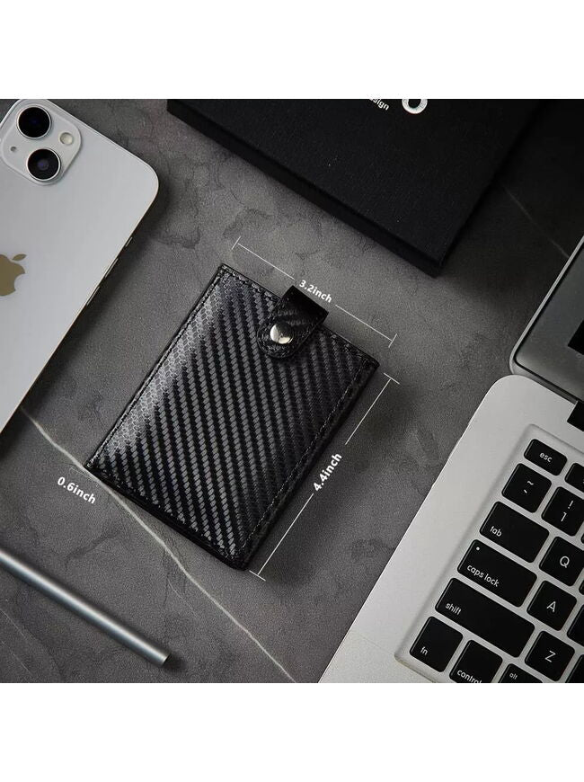 AIUWO Men's Trifold Wallet - Black Carbon Leather with AirTag Holder