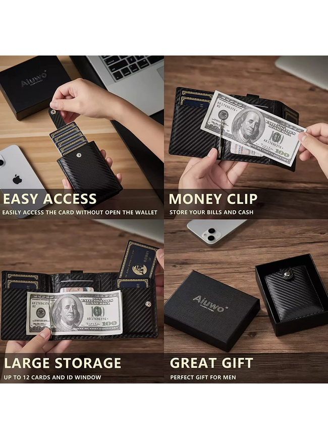 AIUWO Men's Trifold Wallet - Black Carbon Leather with AirTag Holder