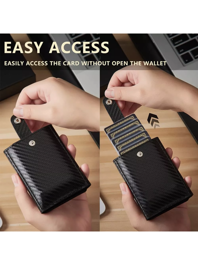 AIUWO Men's Trifold Wallet - Black Carbon Leather with AirTag Holder