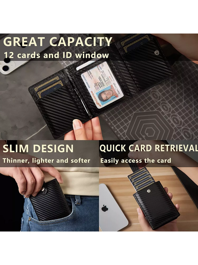 AIUWO Men's Trifold Wallet - Black Carbon Leather with AirTag Holder