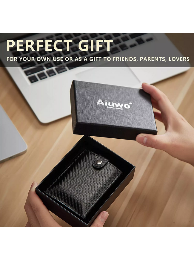 AIUWO Men's Trifold Wallet - Black Carbon Leather with AirTag Holder
